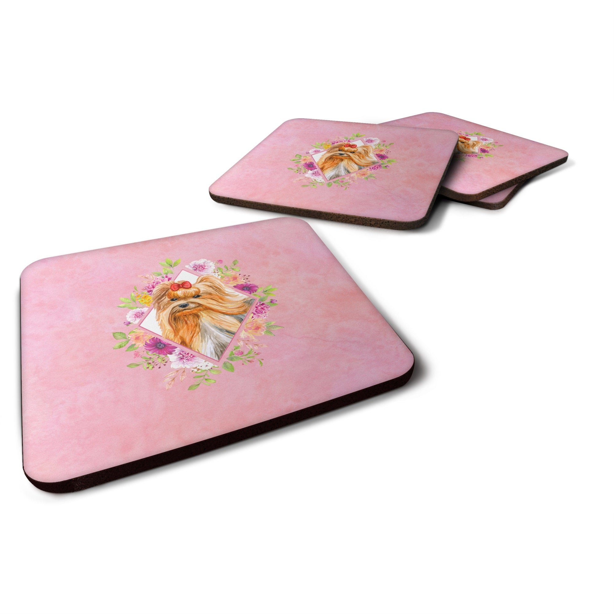 Yorkshire Terrier #2 Pink Flowers Foam Coaster Set Of 4